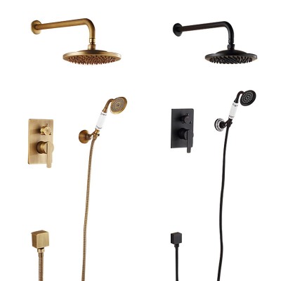 Vintage Black Shower Head Set Mixer Wall-mounted Brass Bathtub Faucet Round Shower System Rain Bathroom Faucets