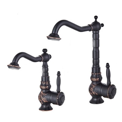 Antique Kitchen Faucets Brushed Black Basin Faucets Swivel Carved Bathroom Tap Single Handle Sink Mixer Hot Cold Deck Mounted