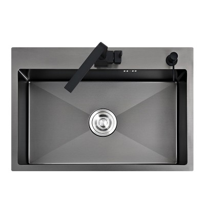 Black single kitchen sink above counter or udermount vegetable washing basin  stainless steel 60*45cm