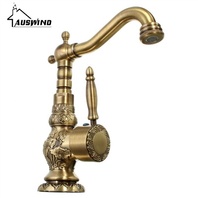 Antique Brass Deck Mounted Kitchen Faucet With Single Handle Carved mixer tap for Kitchen YB27